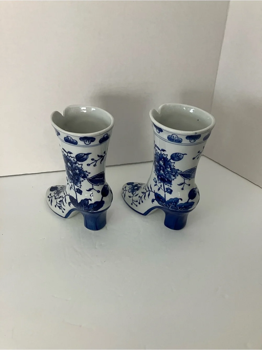 Vintage Blue and White Floral Boot Vases
